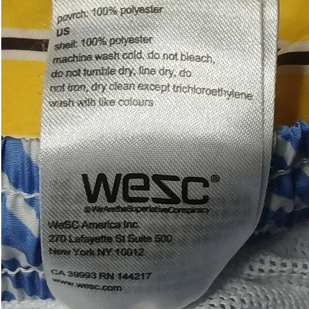 WeSC Swim Trunks Mens Large Blue‎ Yellow Striped Colorblock Board Shorts
